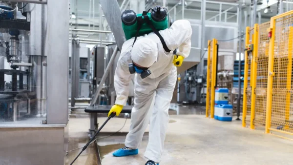 Un hombre con un overol azul y una gorra de béisbol, de pie sobre una escalera de mano, limpiando o realizando tareas de mantenimiento en una unidad de aire acondicionado interior instalada en una pared blanca. Lleva guantes blancos.