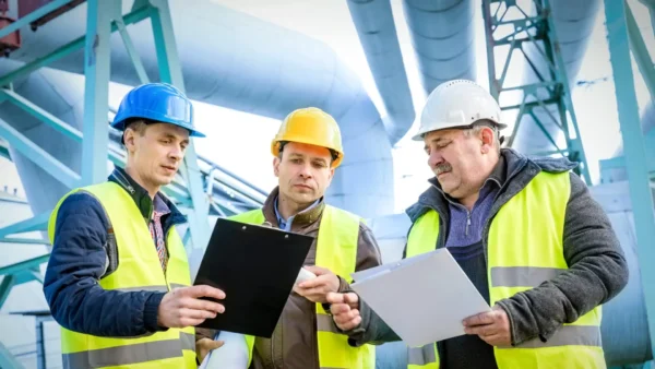 Tres ingenieros con cascos azules y chalecos de seguridad —dos hombres y una mujer— están de pie alrededor de una mesa con una computadora portátil, planos y un modelo 3D, discutiendo un proyecto en un entorno industrial.