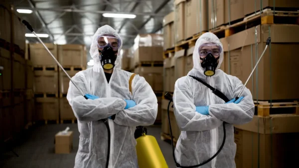 Dos personas con trajes protectores blancos de cuerpo entero, máscaras respiratorias y guantes azules están trabajando dentro de una gran sala industrial o de laboratorio vacía. Una de ellas maneja un dispositivo nebulizador, mientras que la otra se encuentra de pie cerca de allí.