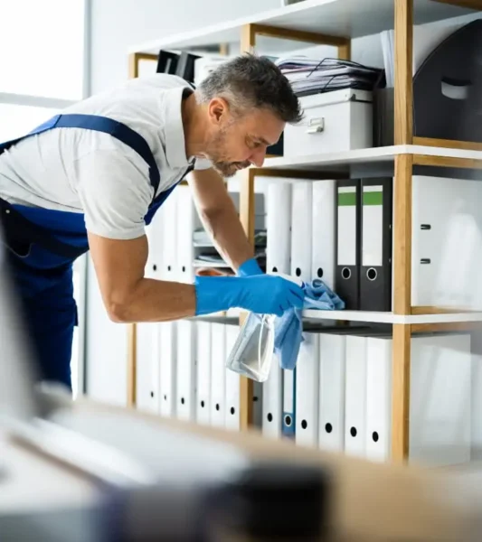 Un limpiador profesional, vestido con un uniforme azul y guantes amarillos, utiliza un rociador y un paño para limpiar meticulosamente el escritorio de una oficina, en el que se ven una pantalla de computadora y un teclado.